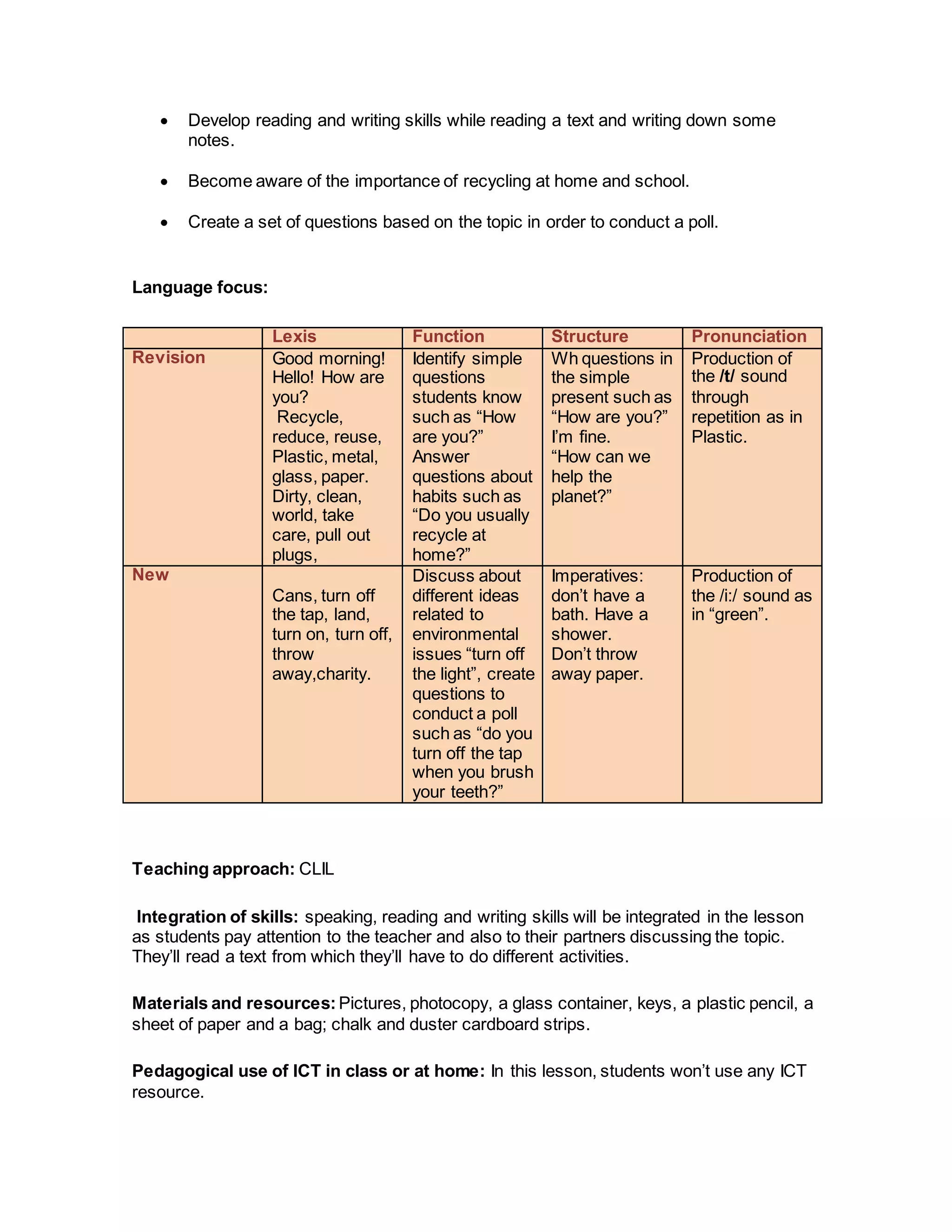  Develop reading and writing skills while reading a text and writing down some
notes.
 Become aware of the importance of recycling at home and school.
 Create a set of questions based on the topic in order to conduct a poll.
Language focus:
Lexis Function Structure Pronunciation
Revision Good morning!
Hello! How are
you?
Recycle,
reduce, reuse,
Plastic, metal,
glass, paper.
Dirty, clean,
world, take
care, pull out
plugs,
Identify simple
questions
students know
such as “How
are you?”
Answer
questions about
habits such as
“Do you usually
recycle at
home?”
Wh questions in
the simple
present such as
“How are you?”
I’m fine.
“How can we
help the
planet?”
Production of
the /t/ sound
through
repetition as in
Plastic.
New
Cans, turn off
the tap, land,
turn on, turn off,
throw
away,charity.
Discuss about
different ideas
related to
environmental
issues “turn off
the light”, create
questions to
conduct a poll
such as “do you
turn off the tap
when you brush
your teeth?”
Imperatives:
don’t have a
bath. Have a
shower.
Don’t throw
away paper.
Production of
the /i:/ sound as
in “green”.
Teaching approach: CLIL
Integration of skills: speaking, reading and writing skills will be integrated in the lesson
as students pay attention to the teacher and also to their partners discussing the topic.
They’ll read a text from which they’ll have to do different activities.
Materials and resources: Pictures, photocopy, a glass container, keys, a plastic pencil, a
sheet of paper and a bag; chalk and duster cardboard strips.
Pedagogical use of ICT in class or at home: In this lesson, students won’t use any ICT
resource.
 