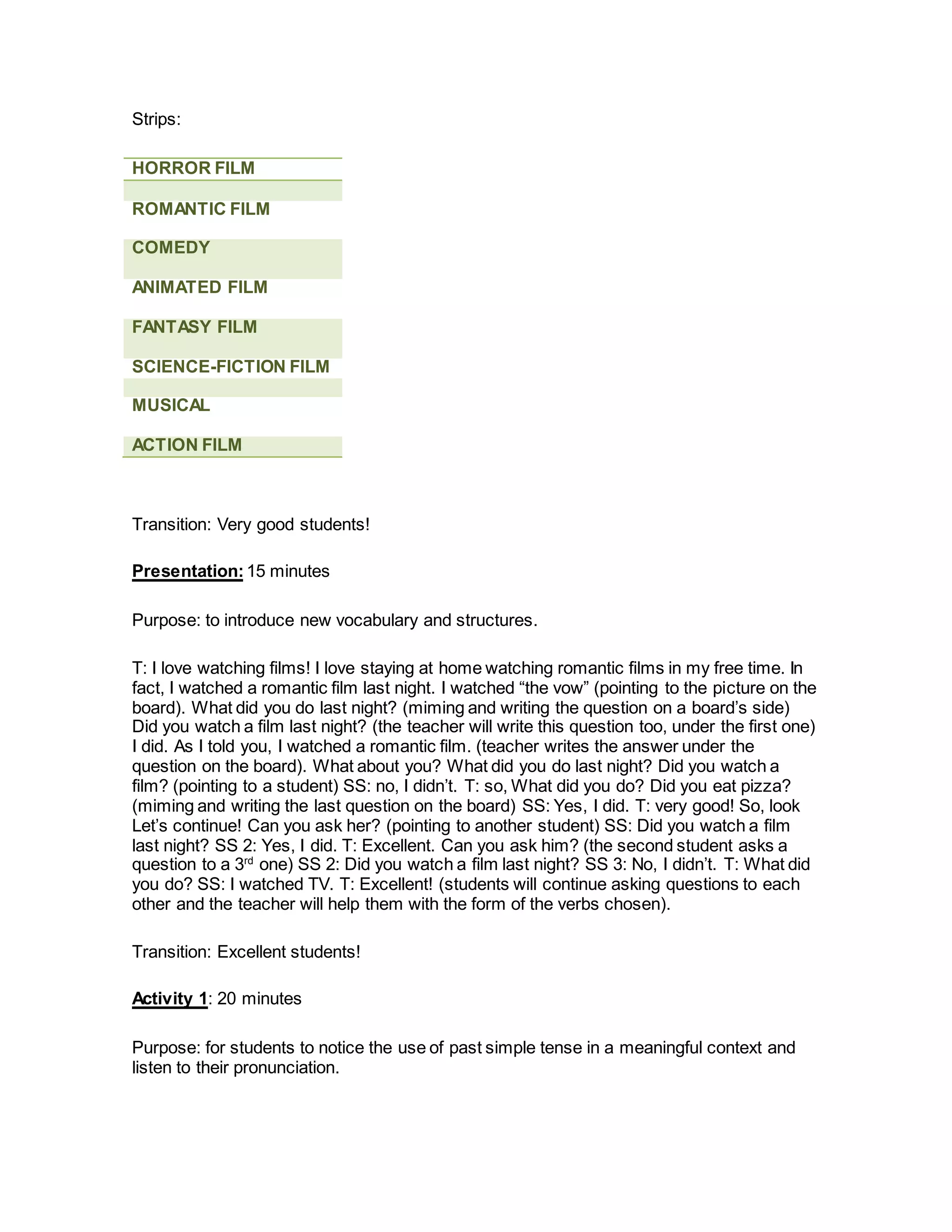 Strips:
HORROR FILM
ROMANTIC FILM
COMEDY
ANIMATED FILM
FANTASY FILM
SCIENCE-FICTION FILM
MUSICAL
ACTION FILM
Transition: Very good students!
Presentation:15 minutes
Purpose: to introduce new vocabulary and structures.
T: I love watching films! I love staying at home watching romantic films in my free time. In
fact, I watched a romantic film last night. I watched “the vow” (pointing to the picture on the
board). What did you do last night? (miming and writing the question on a board’s side)
Did you watch a film last night? (the teacher will write this question too, under the first one)
I did. As I told you, I watched a romantic film. (teacher writes the answer under the
question on the board). What about you? What did you do last night? Did you watch a
film? (pointing to a student) SS: no, I didn’t. T: so, What did you do? Did you eat pizza?
(miming and writing the last question on the board) SS: Yes, I did. T: very good! So, look
Let’s continue! Can you ask her? (pointing to another student) SS: Did you watch a film
last night? SS 2: Yes, I did. T: Excellent. Can you ask him? (the second student asks a
question to a 3rd
one) SS 2: Did you watch a film last night? SS 3: No, I didn’t. T: What did
you do? SS: I watched TV. T: Excellent! (students will continue asking questions to each
other and the teacher will help them with the form of the verbs chosen).
Transition: Excellent students!
Activity 1: 20 minutes
Purpose: for students to notice the use of past simple tense in a meaningful context and
listen to their pronunciation.
 