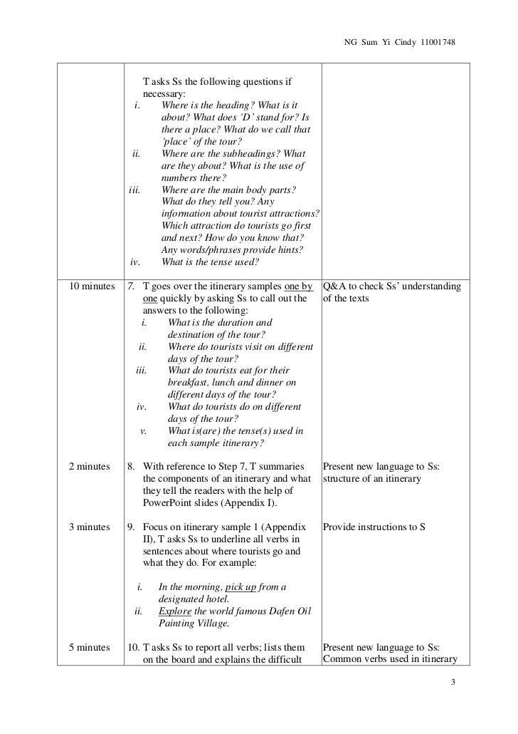 lesson plan writing how to write an itinerary sample