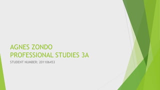 AGNES ZONDO
PROFESSIONAL STUDIES 3A
STUDENT NUMBER: 201106453

 