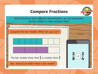 Compare Fractions
Compare the bar models. What can you see?
When fractions have different denominators, we can sometimes
use bar models to help compare them.
5
8
<
3
4
The bar models show that is smaller than .
5
8
3
4
But, what if we didn’t have a bar model?
 