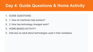 Day 4: Guide Questions & Home Activity
1. GUIDE QUESTIONS:
2. 1. How do machines help workers?
3. 2. How has technology changed work?
4. HOME-BASED ACTIVITY:
5. Interview an adult about technologies used in their workplace.
 