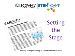 Setting
the
Stage
Reading Passage – Getting to know Properties of Water
 