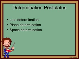 Determination Postulates
• Line determination
• Plane determination
• Space determination
 