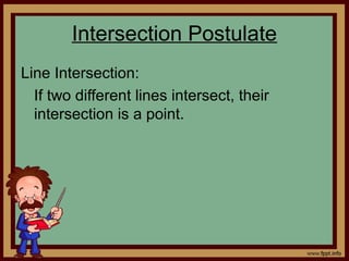 Intersection Postulate
Line Intersection:
If two different lines intersect, their
intersection is a point.
 