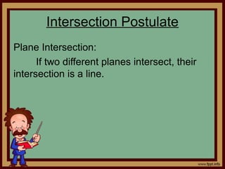 Intersection Postulate
Plane Intersection:
If two different planes intersect, their
intersection is a line.
 