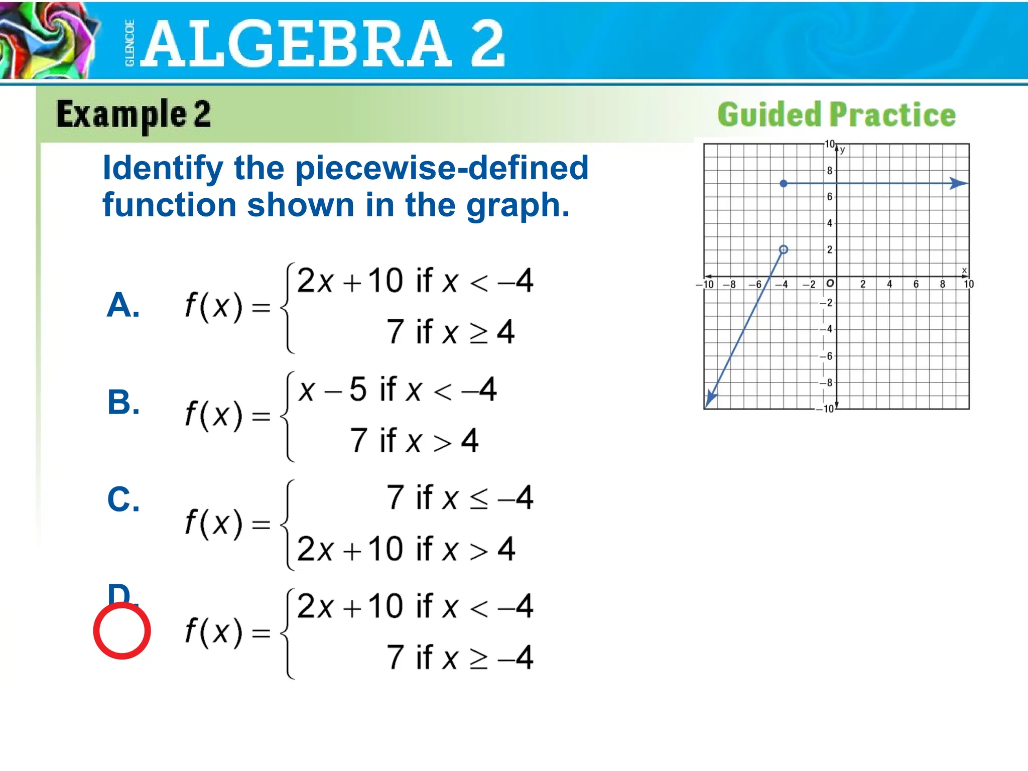 Identify the piecewise-defined
function shown in the graph.
A.
B.
C.
D.
 