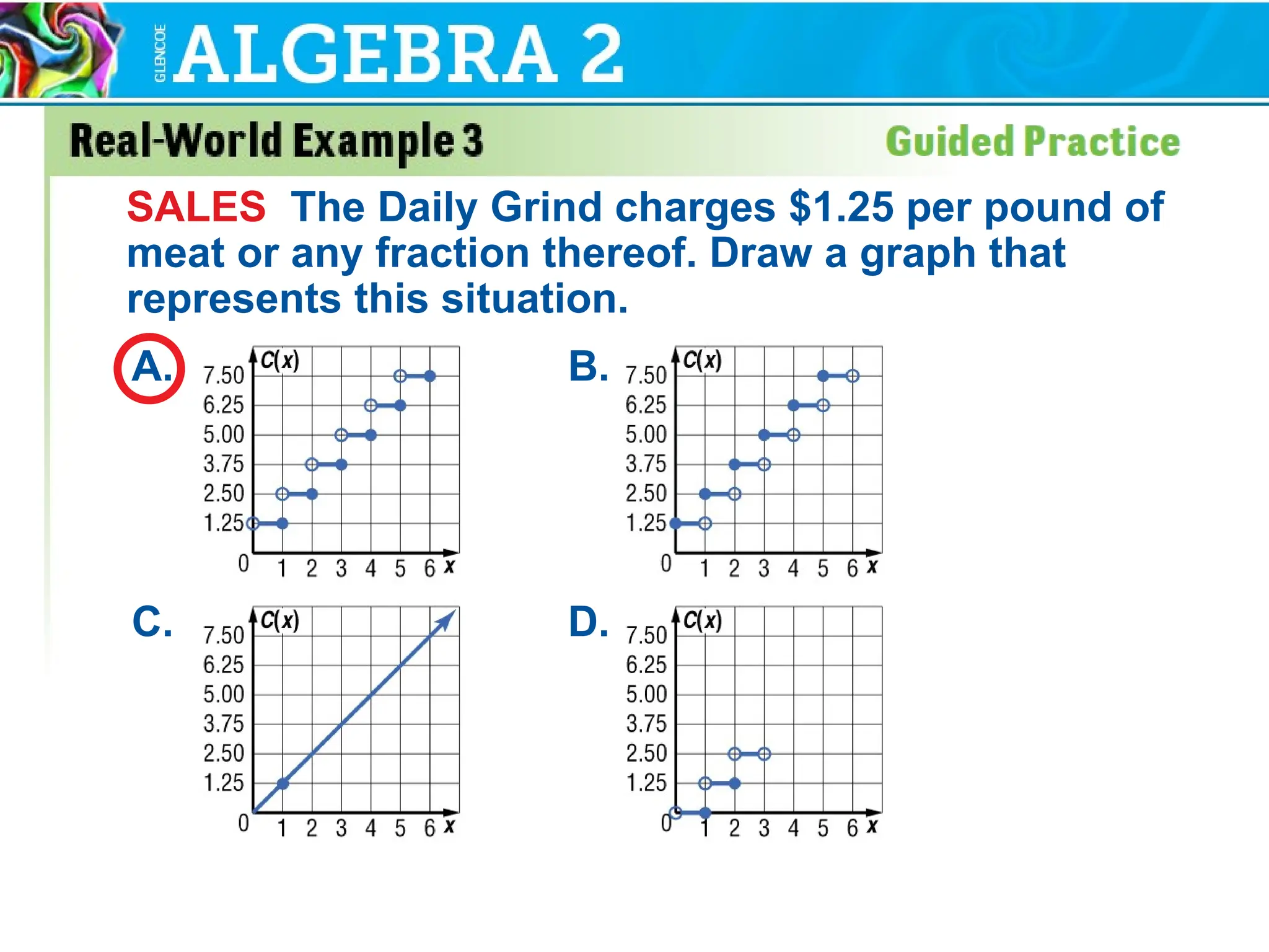SALES The Daily Grind charges $1.25 per pound of
meat or any fraction thereof. Draw a graph that
represents this situation.
A. B.
C. D.
 