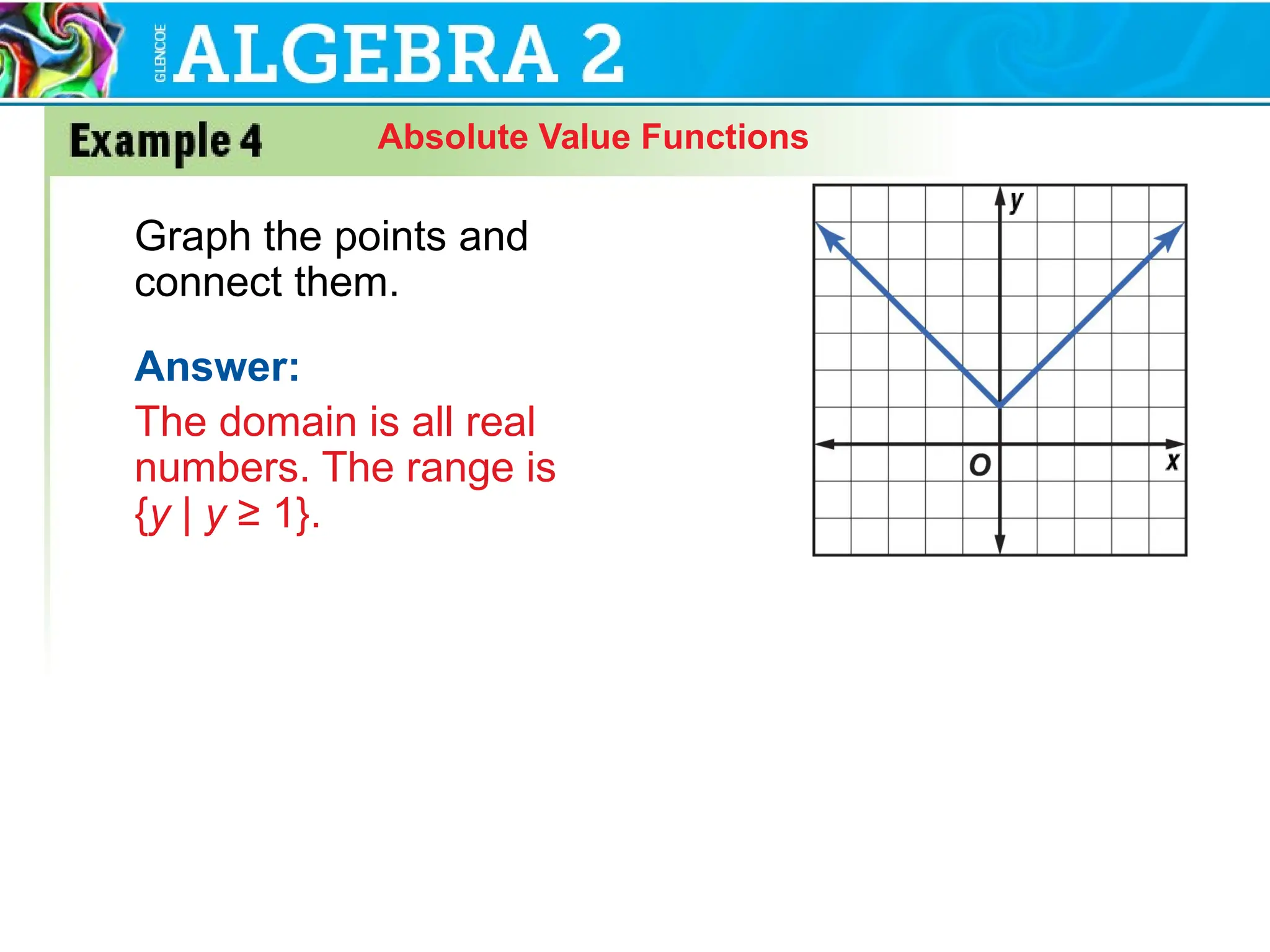 Absolute Value Functions
Graph the points and
connect them.
Answer:
The domain is all real
numbers. The range is
{y | y ≥ 1}.
 