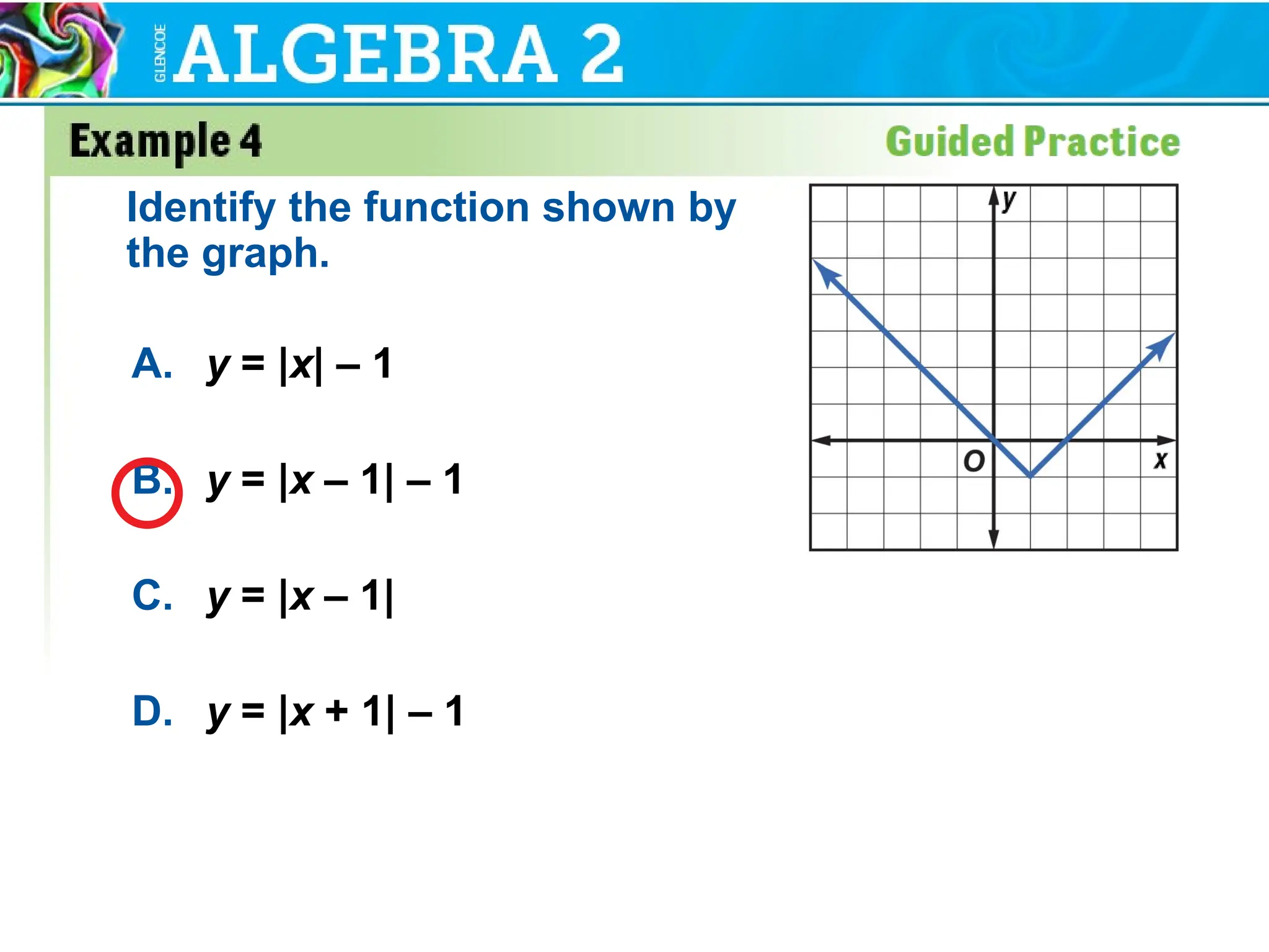 A. y = |x| – 1
B. y = |x – 1| – 1
C. y = |x – 1|
D. y = |x + 1| – 1
Identify the function shown by
the graph.
 