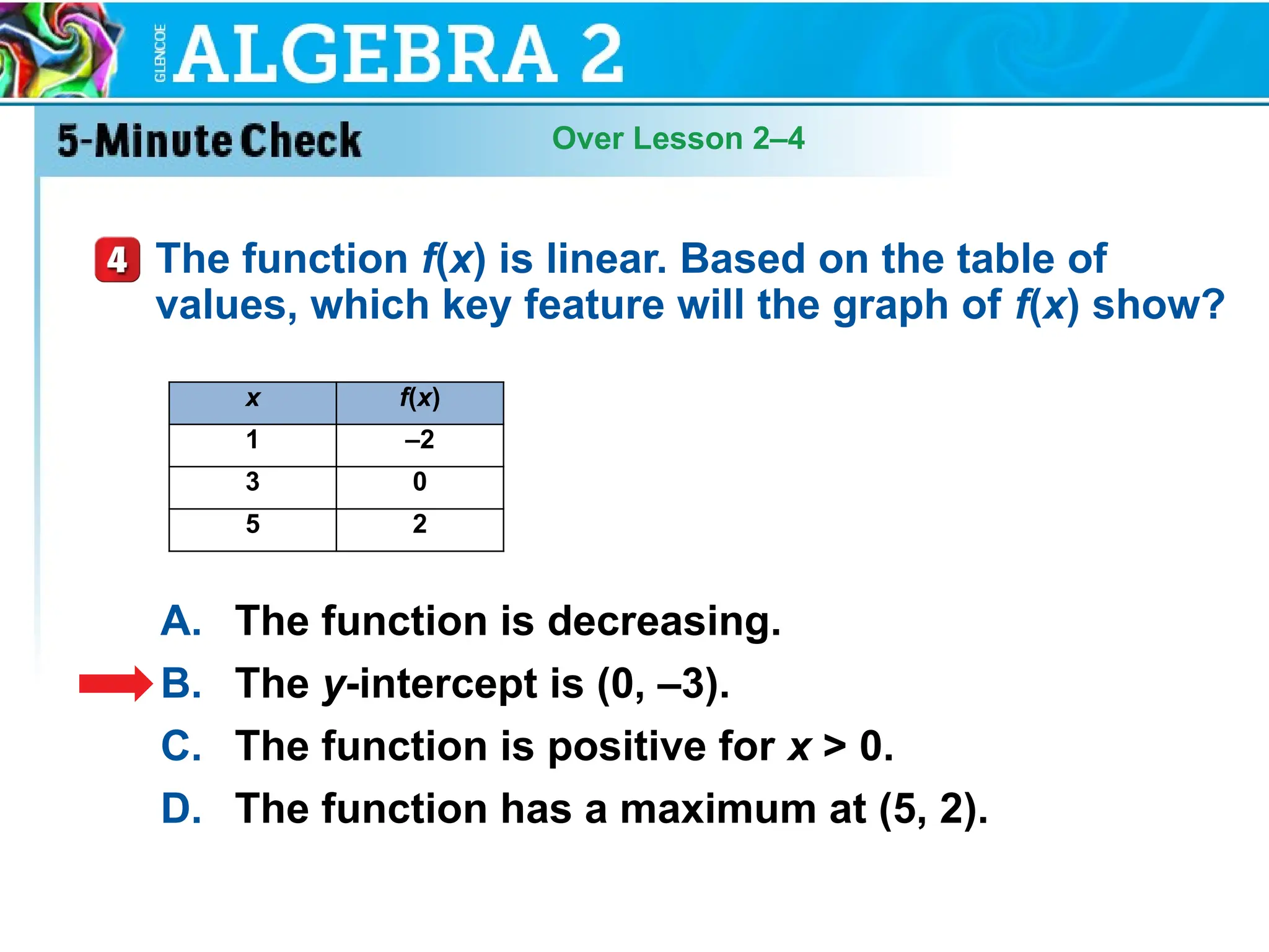 Over Lesson 2–4
A. The function is decreasing.
B. The y-intercept is (0, –3).
C. The function is positive for x > 0.
D. The function has a maximum at (5, 2).
The function f(x) is linear. Based on the table of
values, which key feature will the graph of f(x) show?
x f(x)
1 –2
3 0
5 2
 