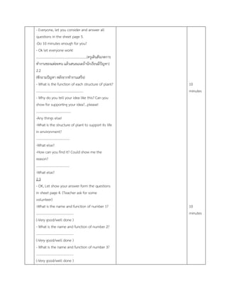 - Everyone, let you consider and answer all
questions in the sheet page 5.
-Do 10 minutes enough for you?
- Ok let everyone work!
…………………………………………………….(ครูเดินสังเกตการ
ทางานของแต่ละคน แล้วเสนอแนะถ้านักเรียนมีปัญหา)
2.2
(ซักถามปัญหา หลังจากทางานเสร็จ)
- What is the function of each structure of plant?
…………………………………………………
- Why do you tell your idea like this? Can you
show for supporting your idea?...please!
……………………………………
-Any things else!
-What is the structure of plant to support its life
in environment?
………………………………….
-What else?
-How can you find it? Could show me the
reason?
………………………………….
-What else?
2.3
- OK, Let show your answer form the questions
in sheet page 4. (Teacher ask for some
volunteer)
-What is the name and function of number 1?
………………………………………
(-Very good/well done )
- What is the name and function of number 2?
………………………………………
(-Very good/well done )
- What is the name and function of number 3?
………………………………………
(-Very good/well done )
10
minutes
10
minutes
 