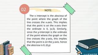 The x intercept is the abscissa of
the point where the graph of the
line crosses the x-axis. This implies
that the point is on the x-axis then
the ordinate is 0, (x,0). Similarly,
since the y-intercept is the ordinate
of the point where the graph or the
line crosses the y-axis, this implies
that the point is on the y-axis, hence
the abscissa is 0, (0,y)
NOTE:
02
 