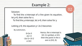 Example 2:
Solution:
To find the x-intercept of a line given its equation,
let y=0, then solve for x.
To find the y-intercept, let x=0, then solve for y
Letting y=0, the equation y= 2x-3 becomes
By substitution,
0=2x-3
-2x=-3
-2x/-2=-3/-2
x=3/2
Hence, the x-intercept is
3/2. In symbol, a=3/2,
then the point in the x-
axis is (3/2, 0)
02
 