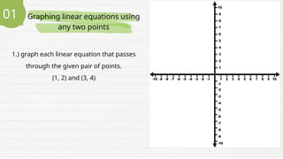 Graphing linear equations using
any two points
01
1.) graph each linear equation that passes
through the given pair of points.
(1, 2) and (3, 4)
 