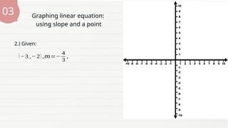 03
2.) Given:
Graphing linear equation:
using slope and a point
(−3 ,− 2) ,𝑚=−
4
3
,
 