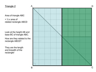 Look at the height AB and base BC of triangle ABC. How are they related to the rectangle ABCD? A B D C Area of triangle ABC = ½ x area of related rectangle ABCD Triangle 2 They are the length and breadth of the rectangle!