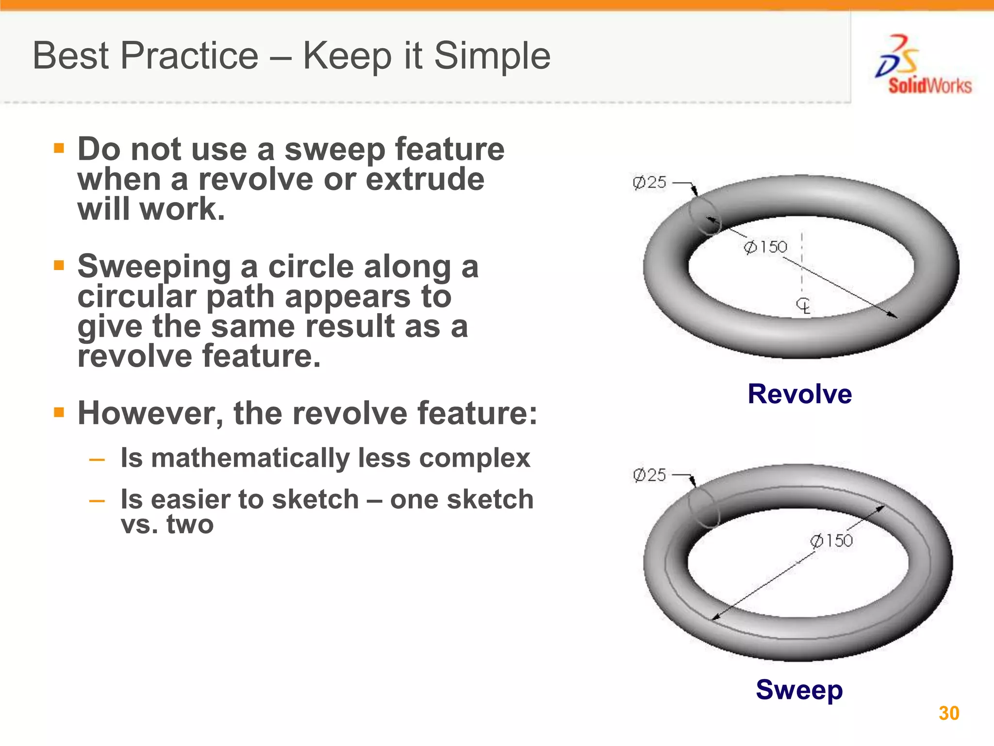 Best Practice &ndash; Keep it SimpleDo not use a sweep feature when a revolve or extrude will work.Sweeping a circle along a circular path appears to give the same result as a revolve feature.However, the revolve feature:Is mathematically less complexIs easier to sketch &ndash; one sketch vs. twoRevolveSweep