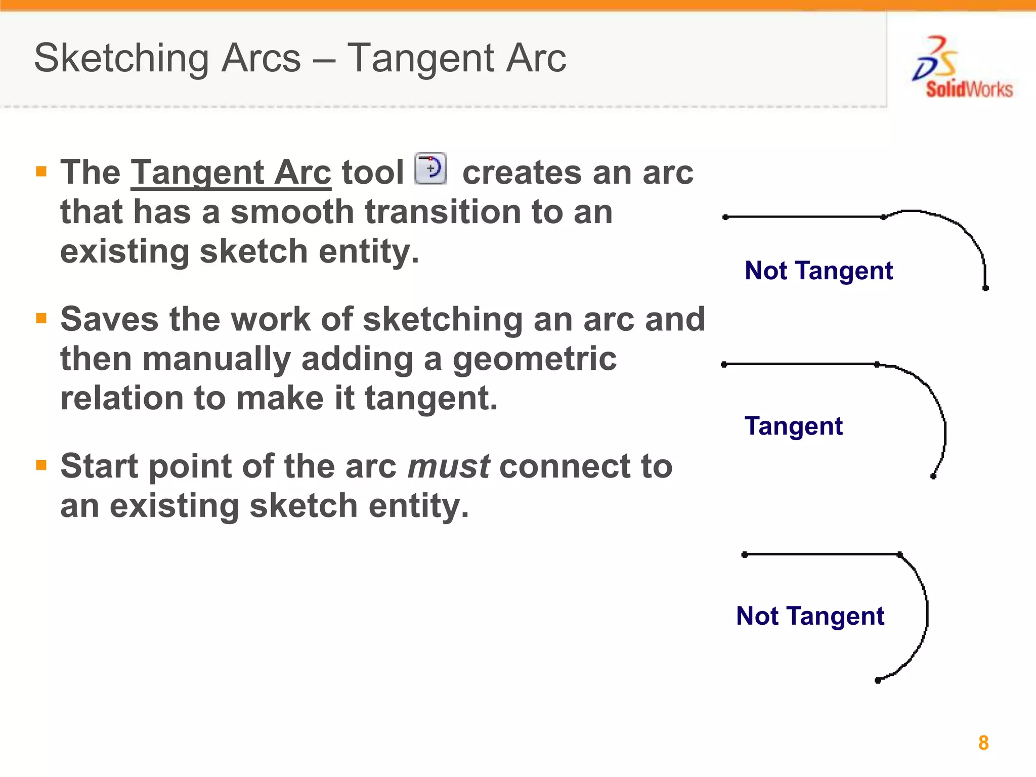 The Tangent Arc tool      creates an arc that has a smooth transition to an existing sketch entity.Saves the work of sketching an arc and then manually adding a geometric relation to make it tangent.Start point of the arc must connect toan existing sketch entity.Sketching Arcs &ndash; Tangent ArcNot TangentTangentNot Tangent