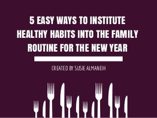 5 EASY WAYS TO INSTITUTE
HEALTHY HABITS INTO THE FAMILY
ROUTINE FOR THE NEW YEAR
CREATED BY SUSIE ALMANEIH
 