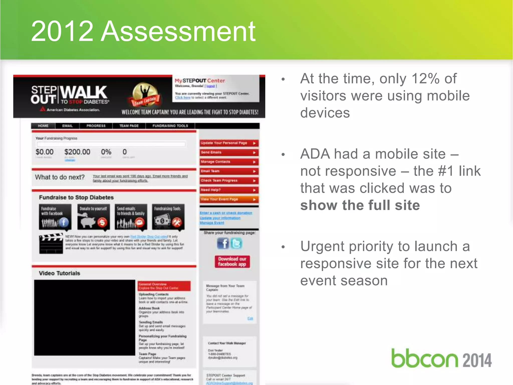• At the time, only 12% of 
visitors were using mobile 
devices 
• ADA had a mobile site – 
not responsive – the #1 link 
that was clicked was to 
show the full site 
• Urgent priority to launch a 
responsive site for the next 
event season 
2012 Assessment 
 