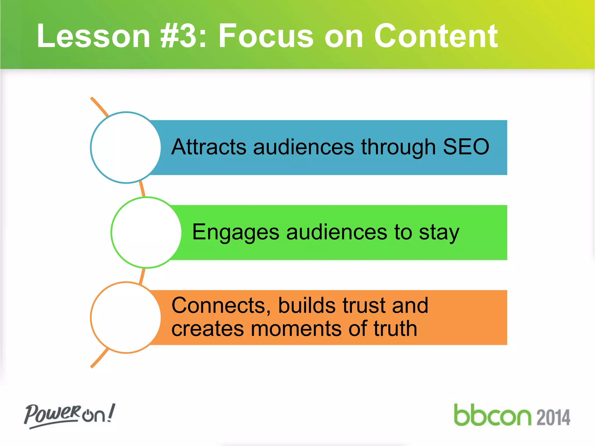 Lesson #3: Focus on Content 
Attracts audiences through SEO 
Engages audiences to stay 
Connects, builds trust and 
creates moments of truth 
 