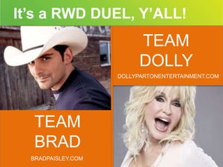 It’s a RWD DUEL, Y’ALL! 
TEAM 
LORETTA 
TEAM 
BRAD 
TEAM 
LORETTA 
TEAM 
DOLLY 
DOLLYPARTONENTERTAINMENT.COM 
BRADPAISLEY.COM 
 