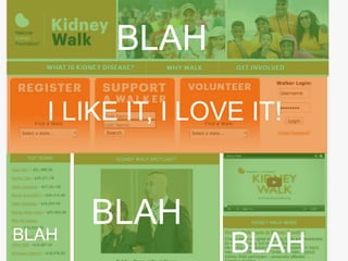 I Like It, I Love It, I Want Some 
More of It! 
BLAH 
Case in Point… 
I LIKE IT, I LOVE IT! 
National Kidney Foundation! 
BLAH 
BLAH BLAH 
 