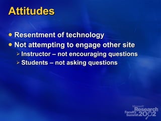 Attitudes Resentment of technology Not attempting to engage other site Instructor – not encouraging questions Students – not asking questions 
