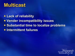 Multicast Lack of reliability Vender incompatibility issues Substantial time to localize problems Intermittent failures 