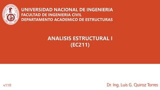UNIVERSIDAD NACIONAL DE INGENIERIA
FACULTAD DE INGENIERIA CIVIL
DEPARTAMENTO ACADEMICO DE ESTRUCTURAS
ANALISIS ESTRUCTURAL I
(EC211)
Dr. Ing. Luis G. Quiroz Torres
v.1.1.0
 
