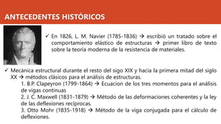 ANTECEDENTES HISTÓRICOS
✓ En 1826, L. M. Navier (1785-1836) → escribió un tratado sobre el
comportamiento elástico de estructuras → primer libro de texto
sobre la teoría moderna de la resistencia de materiales.
✓ Mecánica estructural durante el resto del sigo XIX y hacia la primera mitad del siglo
XX → métodos clásicos para el análisis de estructuras.
1. B.P. Clapeyron (1799-1864) → Ecuacion de los tres momentos para el análisis
de vigas continuas
2. J. C. Maxwell (1831-1879) → Método de las deformaciones coherentes y la ley
de las deflexiones recíprocas.
3. Otto Mohr (1835-1918) → Método de la viga conjugada para el cálculo de
deflexiones.
 