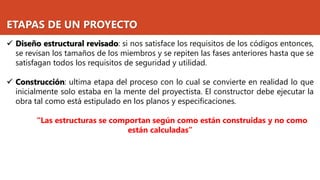 ETAPAS DE UN PROYECTO
✓ Diseño estructural revisado: si nos satisface los requisitos de los códigos entonces,
se revisan los tamaños de los miembros y se repiten las fases anteriores hasta que se
satisfagan todos los requisitos de seguridad y utilidad.
✓ Construcción: ultima etapa del proceso con lo cual se convierte en realidad lo que
inicialmente solo estaba en la mente del proyectista. El constructor debe ejecutar la
obra tal como está estipulado en los planos y especificaciones.
“Las estructuras se comportan según como están construidas y no como
están calculadas”
 