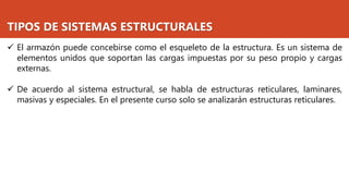 TIPOS DE SISTEMAS ESTRUCTURALES
✓ El armazón puede concebirse como el esqueleto de la estructura. Es un sistema de
elementos unidos que soportan las cargas impuestas por su peso propio y cargas
externas.
✓ De acuerdo al sistema estructural, se habla de estructuras reticulares, laminares,
masivas y especiales. En el presente curso solo se analizarán estructuras reticulares.
 