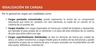 IDEALIZACIÓN DE CARGAS
Por lo general las cargas son modeladas como:
✓ Cargas puntuales concentradas: puede representar la acción de un componente
estructural que entra en contacto con otro elemento, la rueda de un camión en la
cubierta de un puente, etc.
✓ Cargas Lineales: son cargas expresadas en fuerza por unidad de longitud y representan
por ejemplo el peso propio de un elemento, o el peso del área tributaria de un sistema
de piso que actúa sobre una viga.
✓ Cargas superficialmente distribuidas: se dan en términos de fuerza por unidad de
área y se suelen transformar a cargas lineales para el análisis de las estructuras y puede
representar el peso de un sistema de piso, o el peso asociado con el pretendido uso del
área (aulas, bibliotecas, vivienda) etc.
 