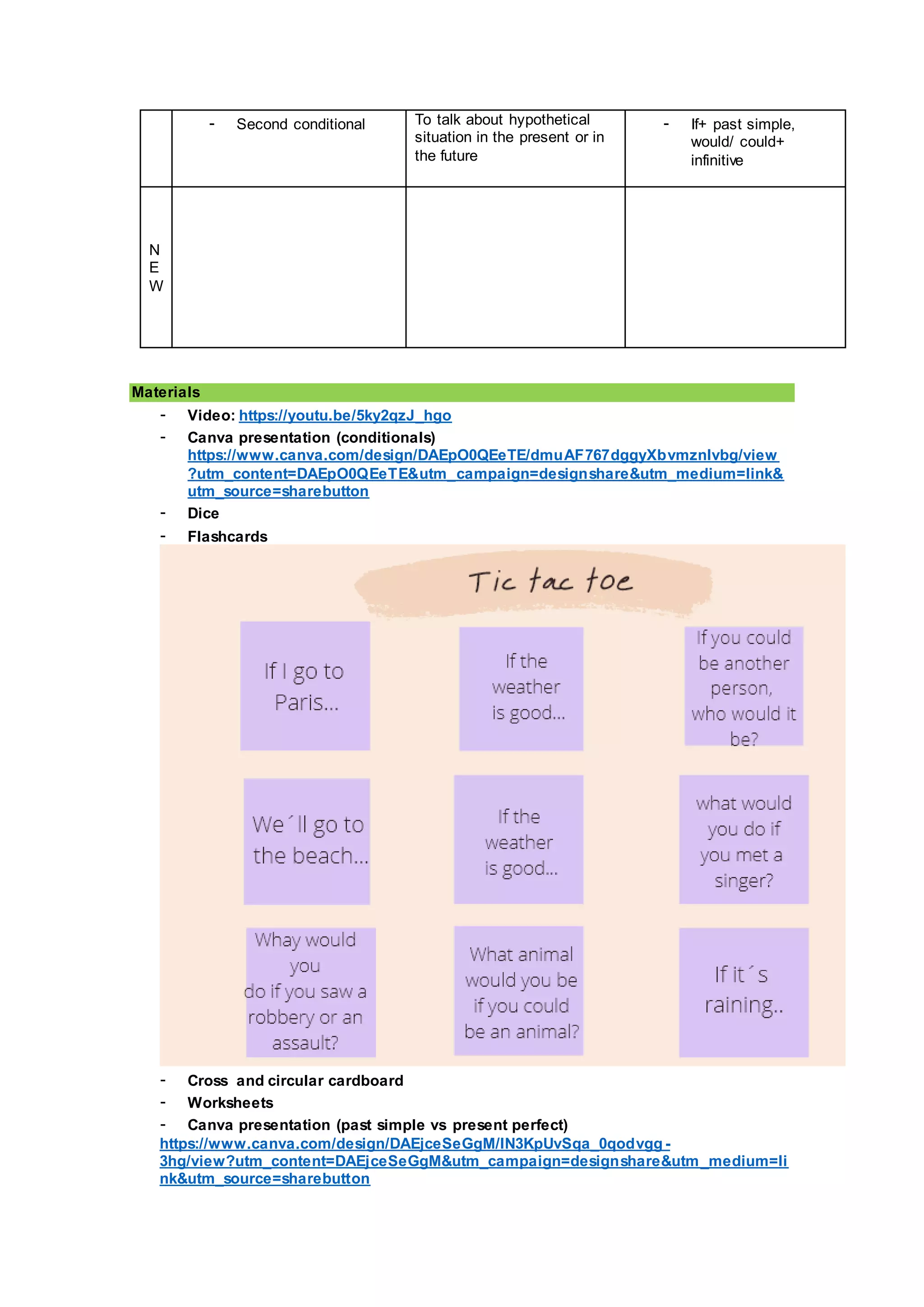 - Second conditional To talk about hypothetical
situation in the present or in
the future
- If+ past simple,
would/ could+
infinitive
N
E
W
Materials
- Video: https://youtu.be/5ky2qzJ_hgo
- Canva presentation (conditionals)
https://www.canva.com/design/DAEpO0QEeTE/dmuAF767dggyXbvmznlvbg/view
?utm_content=DAEpO0QEeTE&utm_campaign=designshare&utm_medium=link&
utm_source=sharebutton
- Dice
- Flashcards
- Cross and circular cardboard
- Worksheets
- Canva presentation (past simple vs present perfect)
https://www.canva.com/design/DAEjceSeGgM/IN3KpUvSqa_0qodvgg -
3hg/view?utm_content=DAEjceSeGgM&utm_campaign=designshare&utm_medium=li
nk&utm_source=sharebutton
 