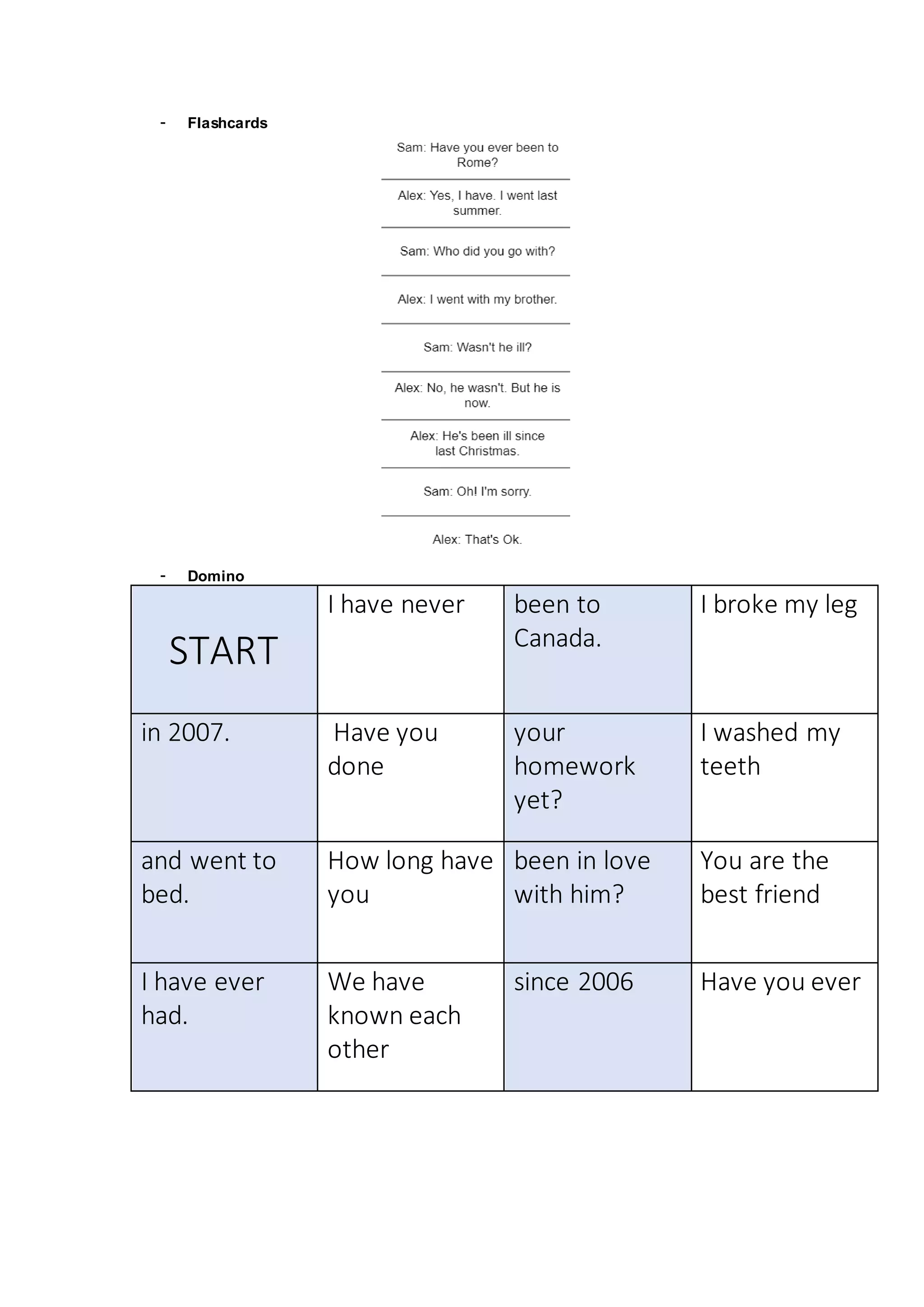 - Flashcards
- Domino
START
I have never been to
Canada.
I broke my leg
in 2007. Have you
done
your
homework
yet?
I washed my
teeth
and went to
bed.
How long have
you
been in love
with him?
You are the
best friend
I have ever
had.
We have
known each
other
since 2006 Have you ever
 