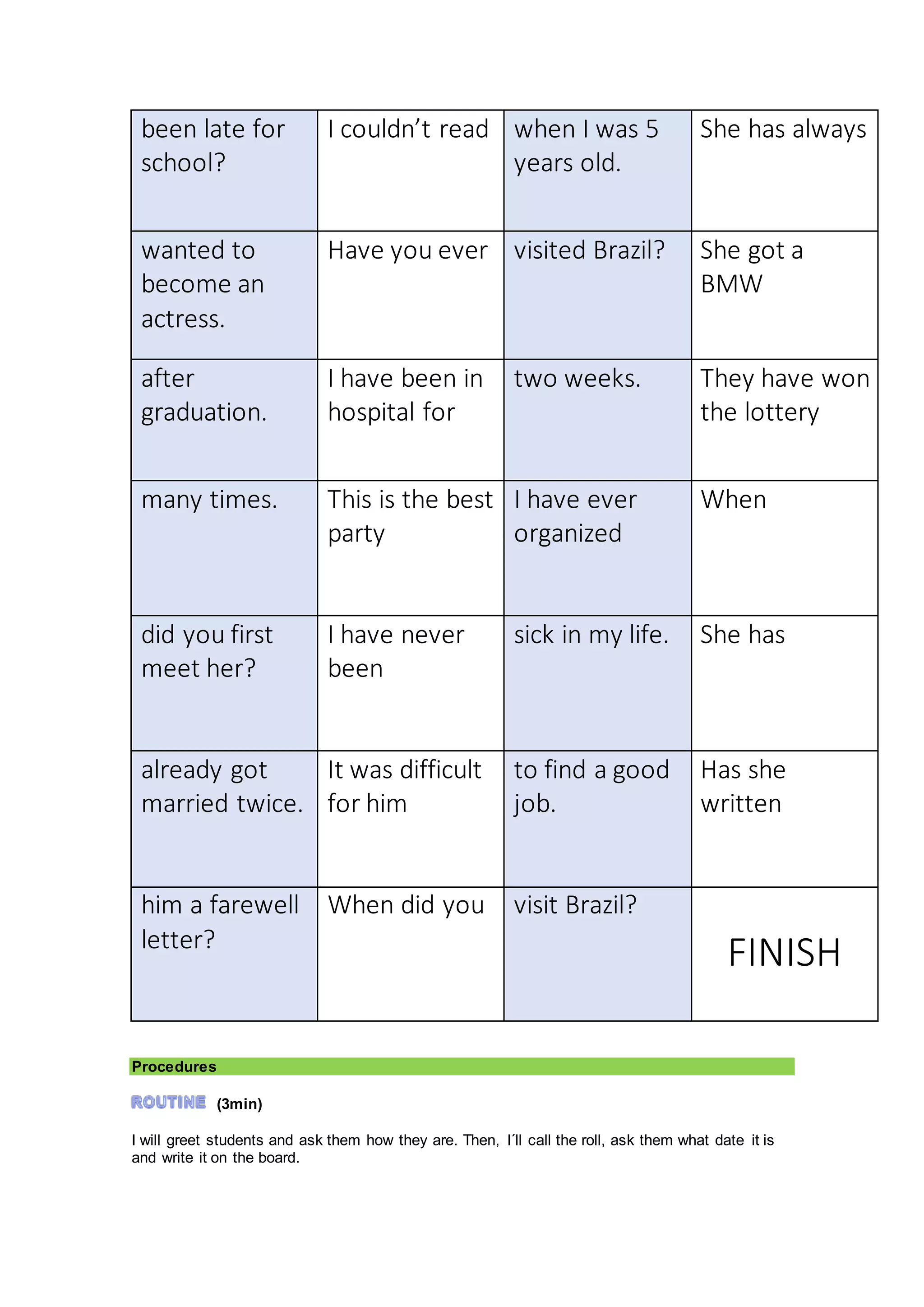 been late for
school?
I couldn’t read when I was 5
years old.
She has always
wanted to
become an
actress.
Have you ever visited Brazil? She got a
BMW
after
graduation.
I have been in
hospital for
two weeks. They have won
the lottery
many times. This is the best
party
I have ever
organized
When
did you first
meet her?
I have never
been
sick in my life. She has
already got
married twice.
It was difficult
for him
to find a good
job.
Has she
written
him a farewell
letter?
When did you visit Brazil?
FINISH
Procedures
(3min)
I will greet students and ask them how they are. Then, I´ll call the roll, ask them what date it is
and write it on the board.
 