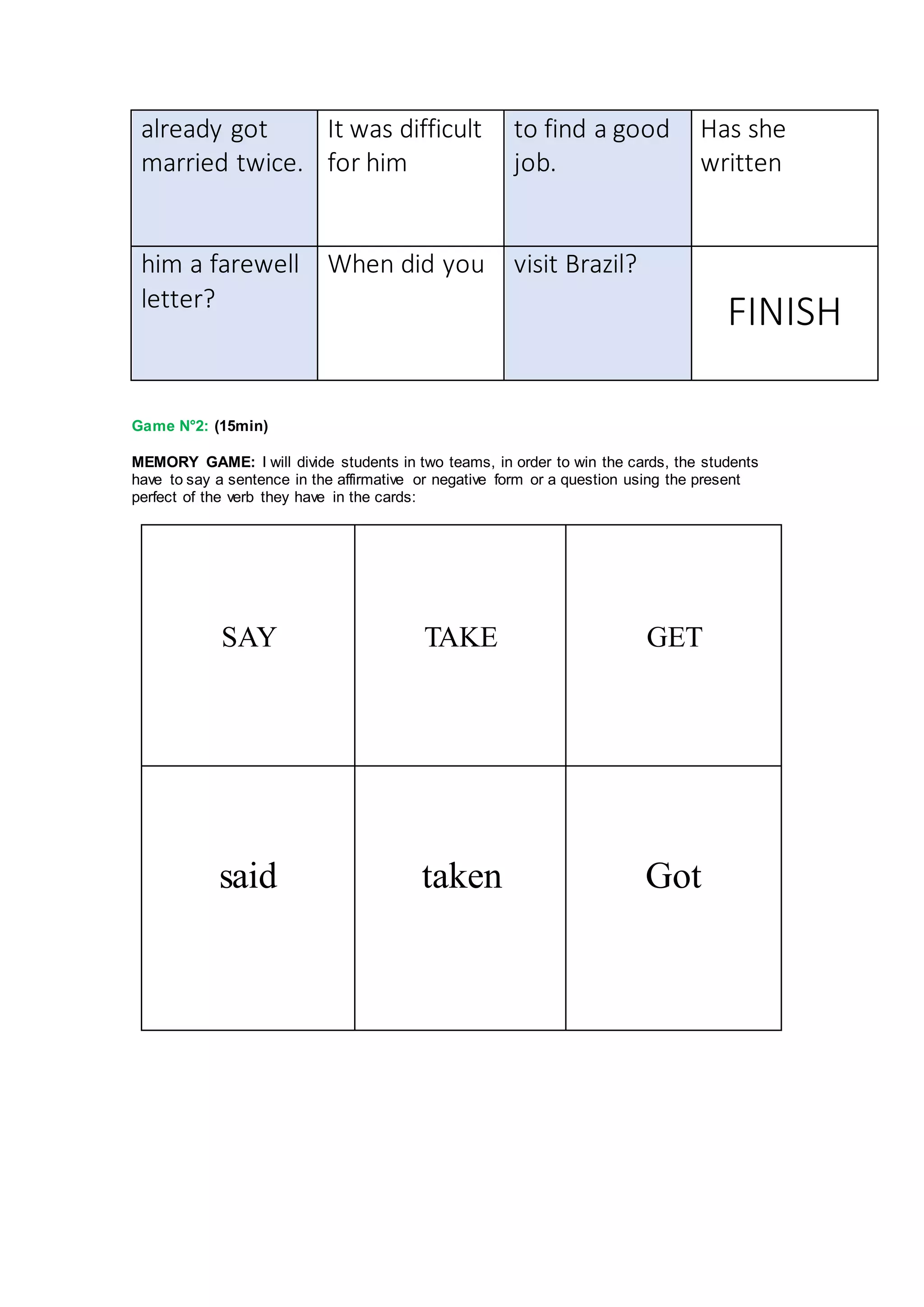 already got
married twice.
It was difficult
for him
to find a good
job.
Has she
written
him a farewell
letter?
When did you visit Brazil?
FINISH
Game N°2: (15min)
MEMORY GAME: I will divide students in two teams, in order to win the cards, the students
have to say a sentence in the affirmative or negative form or a question using the present
perfect of the verb they have in the cards:
SAY TAKE GET
said taken Got
 