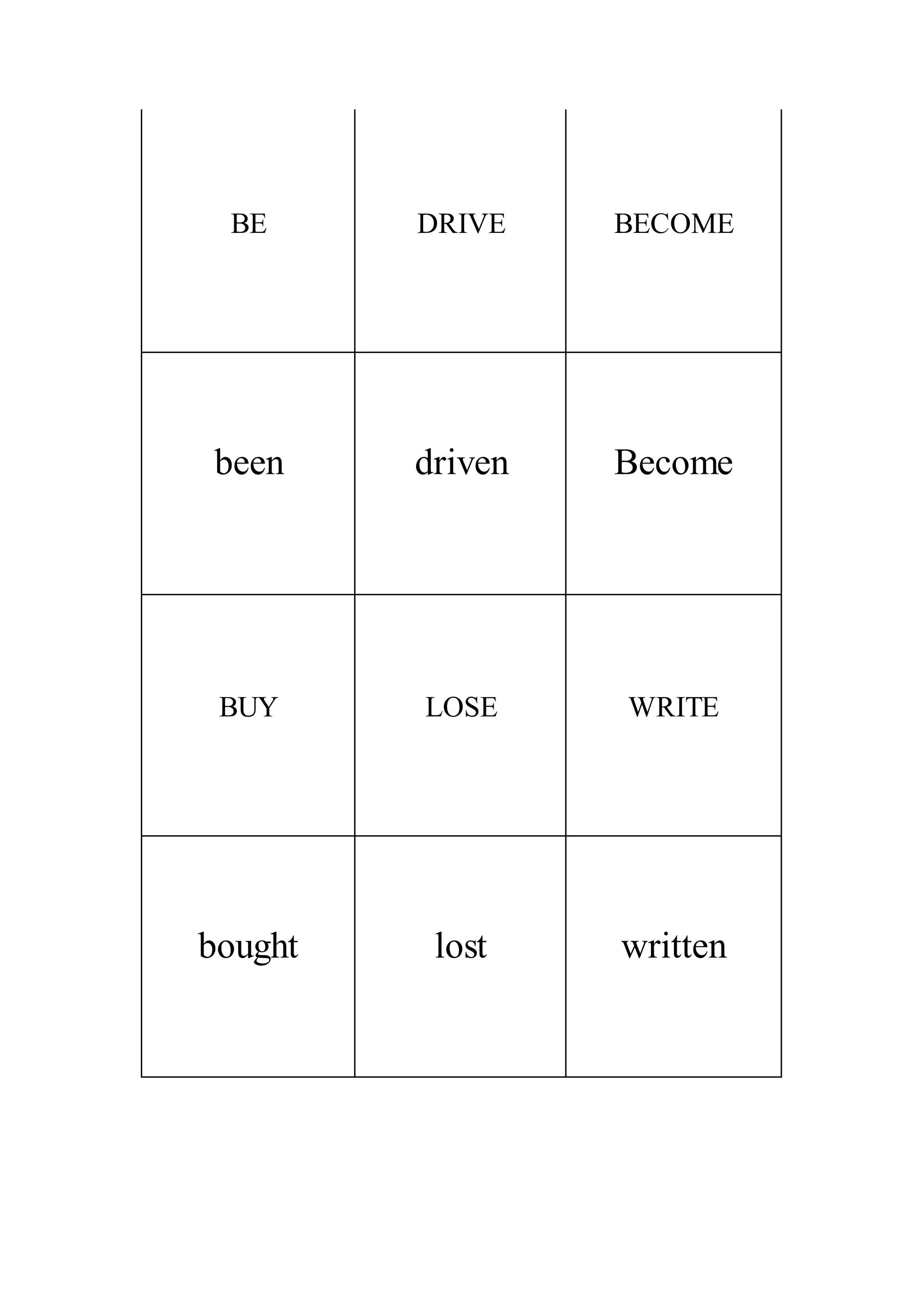 BE DRIVE BECOME
been driven Become
BUY LOSE WRITE
bought lost written
 