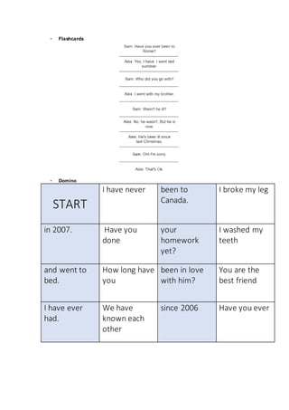 - Flashcards
- Domino
START
I have never been to
Canada.
I broke my leg
in 2007. Have you
done
your
homework
yet?
I washed my
teeth
and went to
bed.
How long have
you
been in love
with him?
You are the
best friend
I have ever
had.
We have
known each
other
since 2006 Have you ever
 
