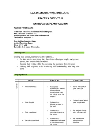 I.S.F.D LENGUAS VIVAS BARILOCHE –
PRÁCTICA DOCENTE III
ENTREGA DE PLANIFICACIÓN
ALUMNO PRACTICANTE:
Institución educativa: Calafate School of English
Año y sección: 3° Senior “C”
Nivel lingüístico del curso: Pre- intermediate
Cantidad de alumnos: 11
Tipo de Planificación: Clase
Unidad Temática: Exam
Clase Nº: 21 y 22
Duración de la clase: 90 minutos
Learning Aims
During this lesson, learners will be able to…
- Put into practice everything they have learnt about past simple and present
perfect, first and second conditional
- Develop their writing skills by answering the questions from the exam
- Develop their cognitive skills by thinking and remembering what they have
learnt
Language Focus
LEXIS FUNCTIONS STRUCTURE
R
E
V
- Present Perfect
- Past Simple
- First conditional
- Second conditional
- To express
experiences/ events/
situations that
started in the past
but still go on in the
present.
- To talk about
finished actions in
the past
- To talk about
possible situation in
the future
- To talk about
hypothetical situation
in the present or in
the future
- Have/ has (not) +
past participle
- Subject+ was/ were/
past simple verb
- If+ present simple,
will+ infinitive verb
- If+ past simple,
would/ could+
infinitive
 