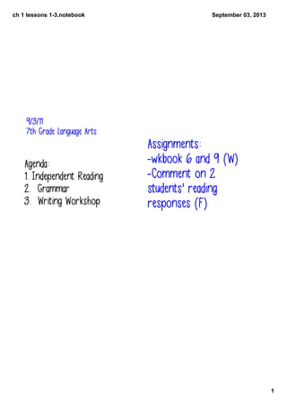 ch 1 lessons 1­3.notebook
1
September 03, 2013
9/3/11
7th Grade Language Arts
Agenda:
1. Independent Reading
2. Grammar
3. Writing Workshop
Assignments:
-wkbook 6 and 9 (W)
-Comment on 2
students' reading
responses (F)
 
