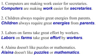 1. Computers are making work easier for secretaries.
Computers are making work easier for secretaries.
2. Children always require great energies from parents.
Children always require great energies from parents.
3. Labors on farms take great effort by workers.
Labors on farms take great effort by workers.
4. Alaina doesn't like puzzles or mathematics.
Alaina doesn't like puzzles or mathematics.
 