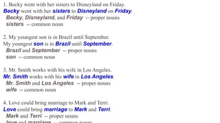 1. Becky went with her sisters to Disneyland on Friday.
Becky went with her sisters to Disneyland on Friday.
Becky, Disneyland, and Friday -- proper nouns
sisters -- common noun
2. My youngest son is in Brazil until September.
My youngest son is in Brazil until September.
Brazil and September -- proper nouns
son -- common noun
3. Mr. Smith works with his wife in Los Angeles.
Mr. Smith works with his wife in Los Angeles.
Mr. Smith and Los Angeles -- proper nouns
wife -- common noun
4. Love could bring marriage to Mark and Terri.
Love could bring marriage to Mark and Terri.
Mark and Terri -- proper nouns
 