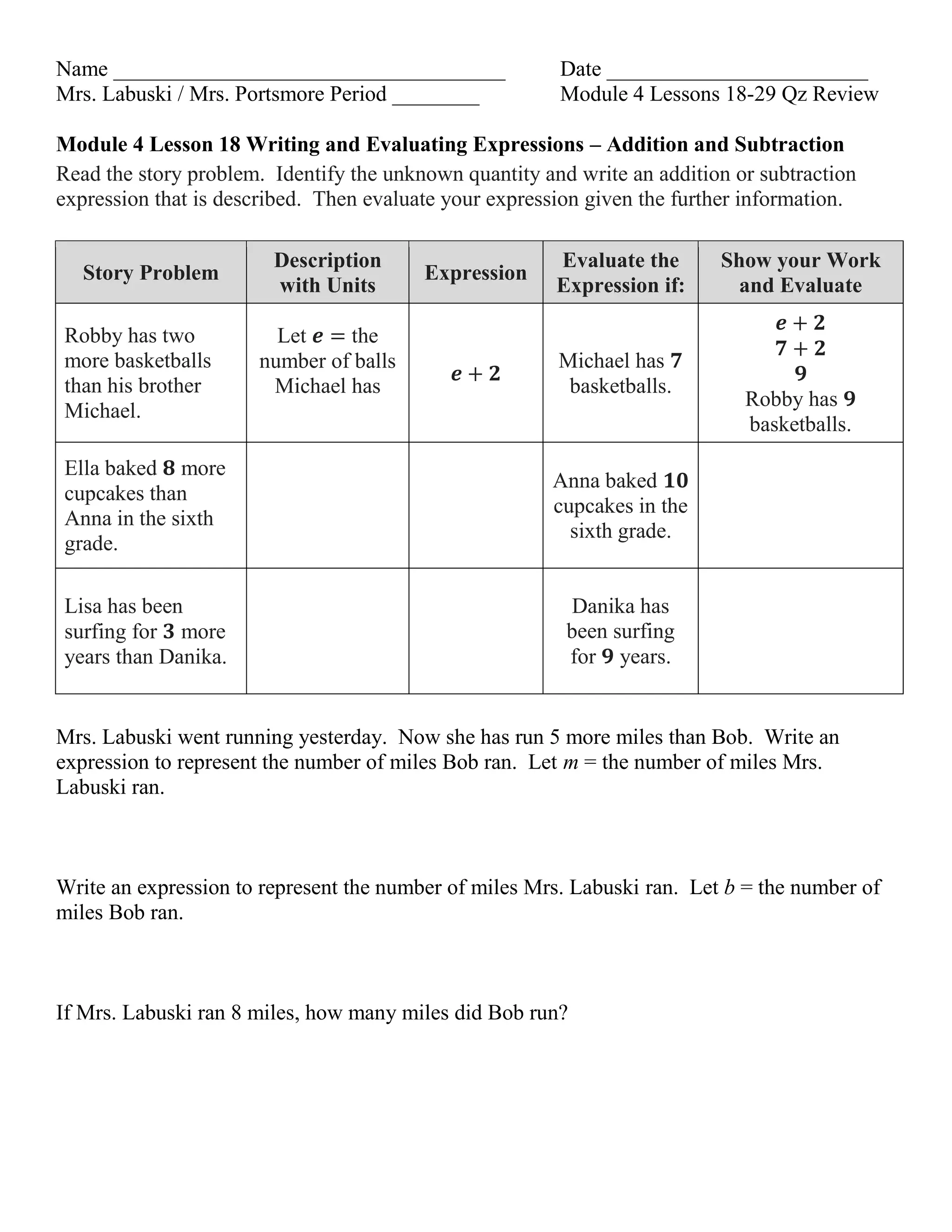 Name ____________________________________ Date ________________________
Mrs. Labuski / Mrs. Portsmore Period ________ Module 4 Lessons 18-29 Qz Review
Module 4 Lesson 18 Writing and Evaluating Expressions – Addition and Subtraction
Read the story problem. Identify the unknown quantity and write an addition or subtraction
expression that is described. Then evaluate your expression given the further information.
Story Problem
Description
with Units
Expression
Evaluate the
Expression if:
Show your Work
and Evaluate
Robby has two
more basketballs
than his brother
Michael.
Let 𝒆 = the
number of balls
Michael has
𝒆 + 𝟐
Michael has 𝟕
basketballs.
𝒆 + 𝟐
𝟕 + 𝟐
𝟗
Robby has 𝟗
basketballs.
Ella baked 𝟖 more
cupcakes than
Anna in the sixth
grade.
Anna baked 𝟏𝟎
cupcakes in the
sixth grade.
Lisa has been
surfing for 𝟑 more
years than Danika.
Danika has
been surfing
for 𝟗 years.
Mrs. Labuski went running yesterday. Now she has run 5 more miles than Bob. Write an
expression to represent the number of miles Bob ran. Let m = the number of miles Mrs.
Labuski ran.
Write an expression to represent the number of miles Mrs. Labuski ran. Let b = the number of
miles Bob ran.
If Mrs. Labuski ran 8 miles, how many miles did Bob run?
 