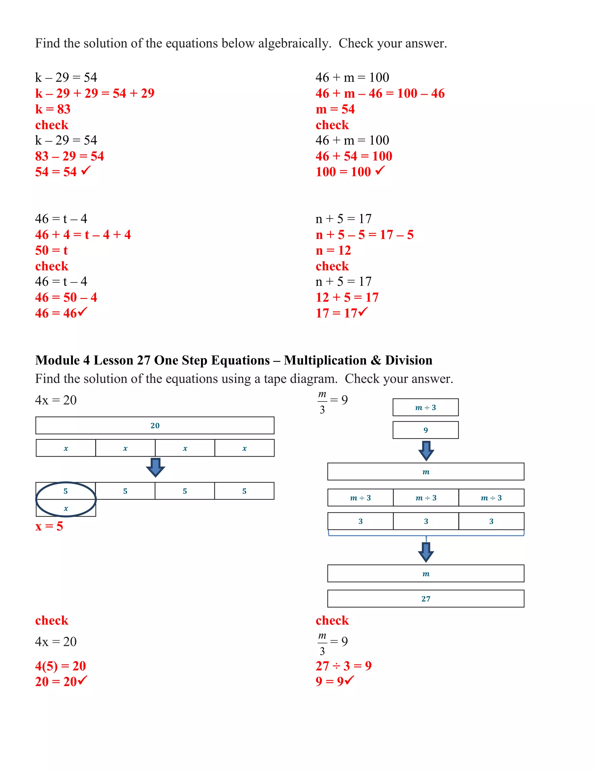 Find the solution of the equations below algebraically. Check your answer.
k – 29 = 54 46 + m = 100
k – 29 + 29 = 54 + 29 46 + m – 46 = 100 – 46
k = 83 m = 54
check check
k – 29 = 54 46 + m = 100
83 – 29 = 54 46 + 54 = 100
54 = 54  100 = 100 
46 = t – 4 n + 5 = 17
46 + 4 = t – 4 + 4 n + 5 – 5 = 17 – 5
50 = t n = 12
check check
46 = t – 4 n + 5 = 17
46 = 50 – 4 12 + 5 = 17
46 = 46 17 = 17
Module 4 Lesson 27 One Step Equations – Multiplication & Division
Find the solution of the equations using a tape diagram. Check your answer.
4x = 20
3
m
= 9
x = 5
check check
4x = 20
3
m
= 9
4(5) = 20 27 ÷ 3 = 9
20 = 20 9 = 9
𝒙
𝟓𝟓 𝟓𝟓
𝟐𝟎
𝒙𝒙 𝒙𝒙
𝟐𝟕
𝒎
𝒎 ÷ 𝟑
𝟗
𝒎 ÷ 𝟑𝒎 ÷ 𝟑 𝒎 ÷ 𝟑
𝟗𝟗 𝟗
𝒎
 