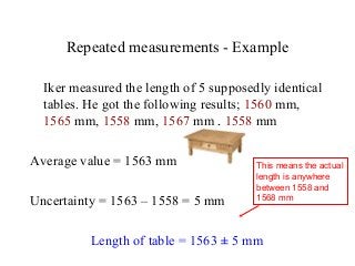 Repeated measurements - Example
Iker measured the length of 5 supposedly identical
tables. He got the following results; 1560 mm,
1565 mm, 1558 mm, 1567 mm , 1558 mm
Average value = 1563 mm
Uncertainty = 1563 – 1558 = 5 mm
Length of table = 1563 ± 5 mm
This means the actual
length is anywhere
between 1558 and
1568 mm
 