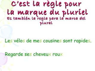 C’est la règle pourC’est la règle pour
la marque du pluriella marque du pluriel
Es también la regla para la marca delEs también la regla para la marca del
pluralplural
Les vélos de mes cousines sont rapides.
Regarde ses cheveux roux
 