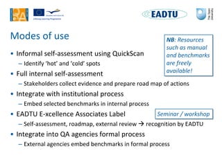 Modes of use
• Informal self-assessment using QuickScan
– Identify ‘hot’ and ‘cold’ spots
• Full internal self-assessment
...